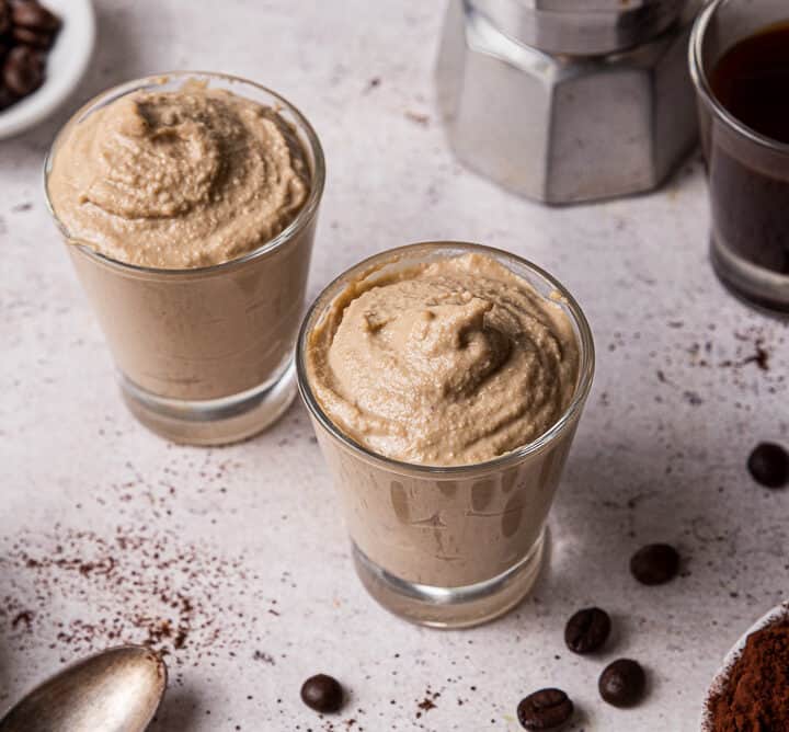 small cups with homemade vegan mocha whipped cream