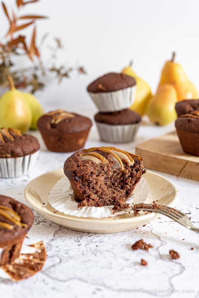 Soft Vegan gluten free chocolate pear muffins