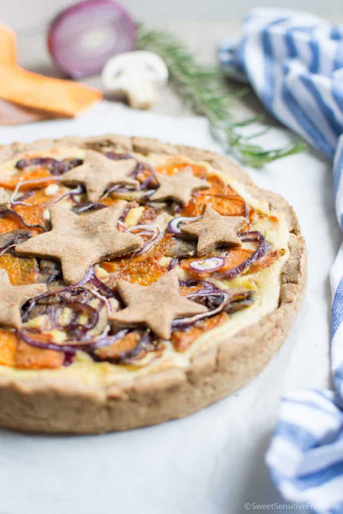 Vegan rustic vegetable pie with homemade gluten free millet crust and cashew sauce 