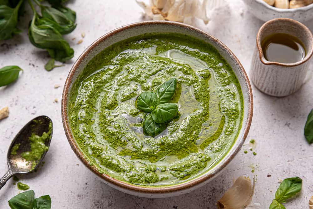 vegan basil pesto bowl without soy