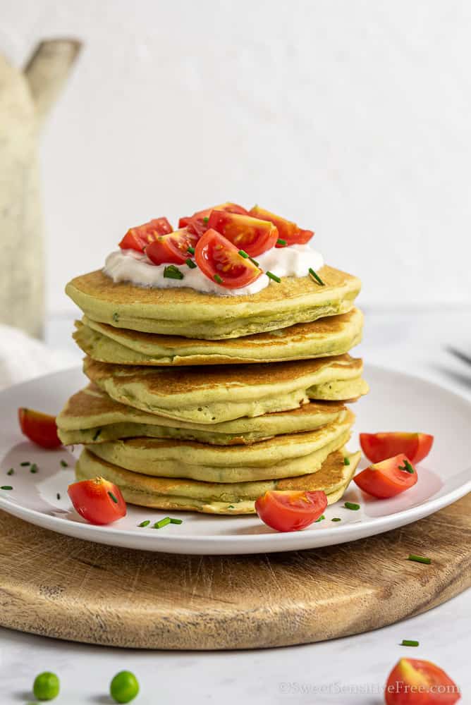 stack of gluten free pancakes made with green pea flour