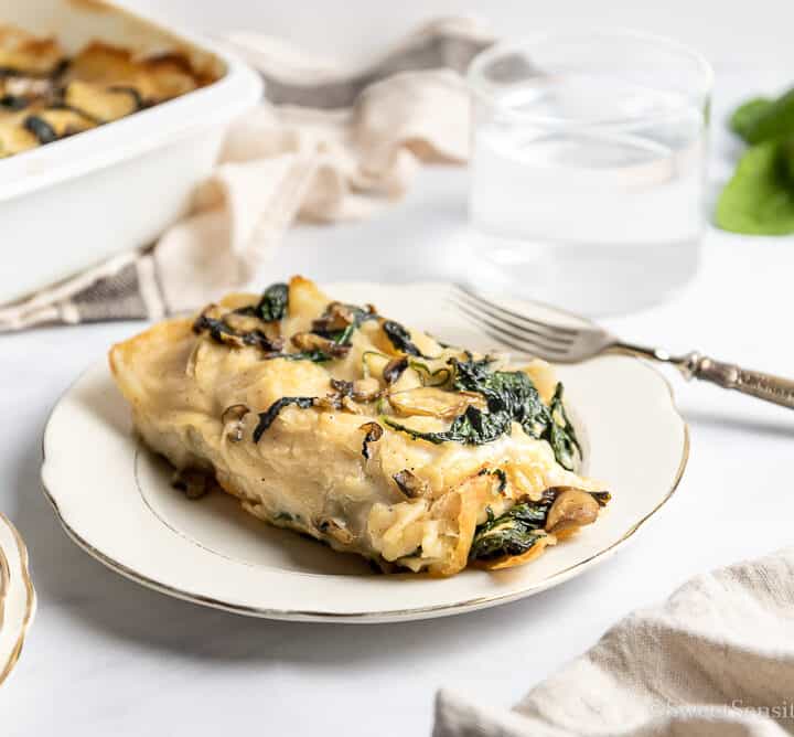 Vegan Gluten free Crepes Cannelloni with Spinach and mushrooms