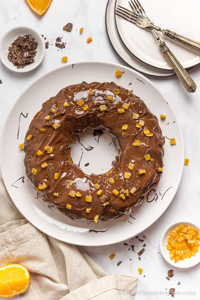 gluten free bundt cake glazed with chocolate