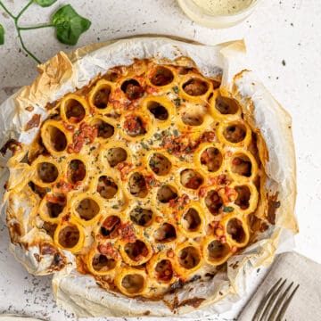 vegan pasta pie with lentil ragu white sauce