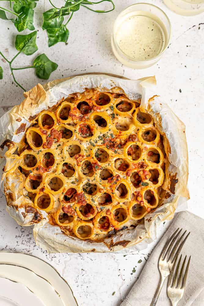 vegan pasta pie with lentil ragu white sauce