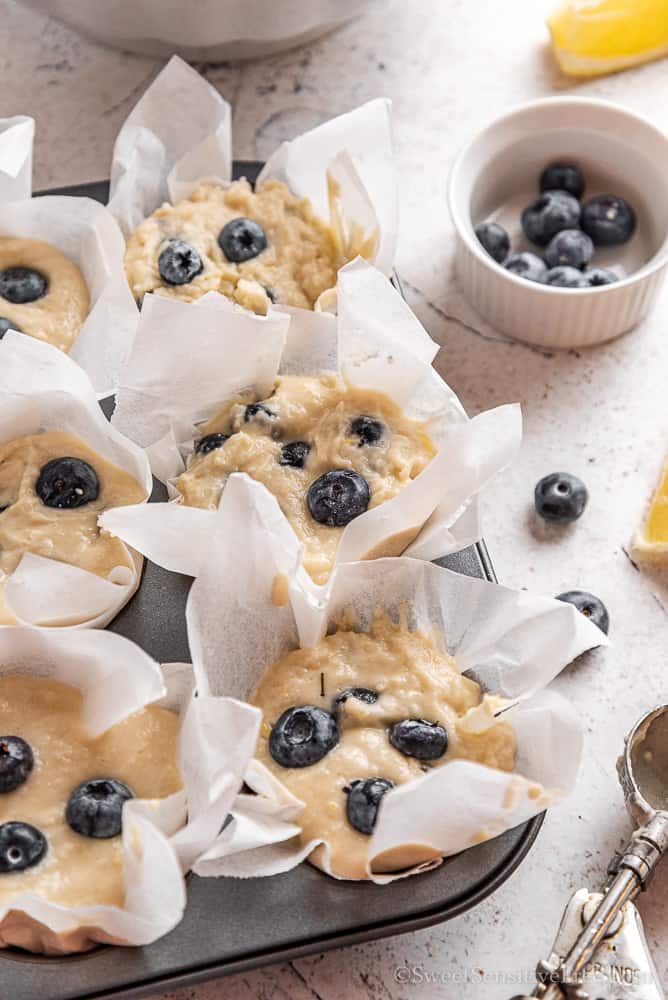 muffin liners filled with blueberry muffin batter