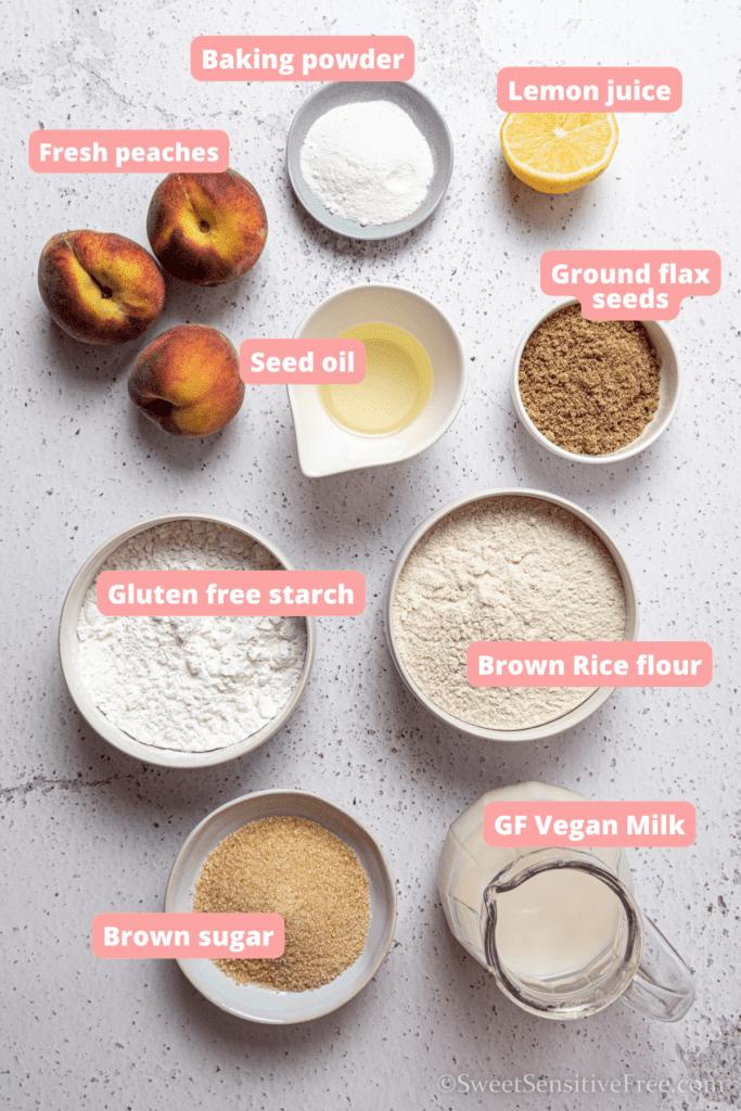 bowls with the ingredients for peach cake