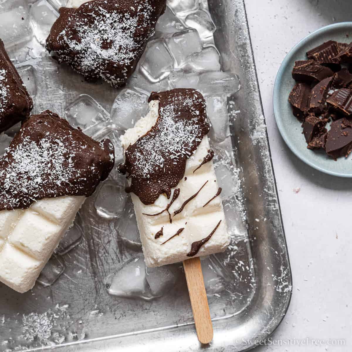 closeup of chocolate coconut popsicles