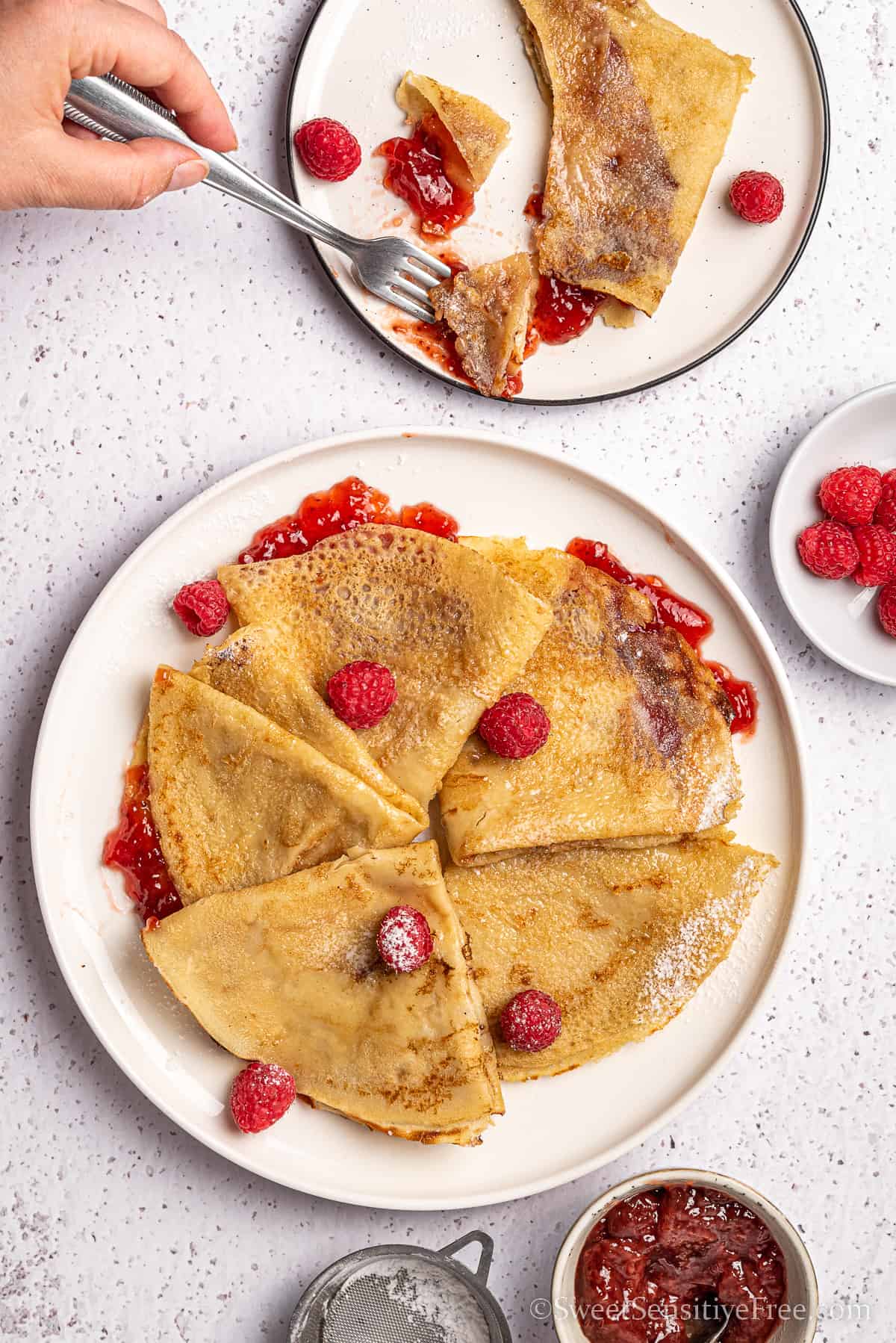 plates with servings of vegan crepes