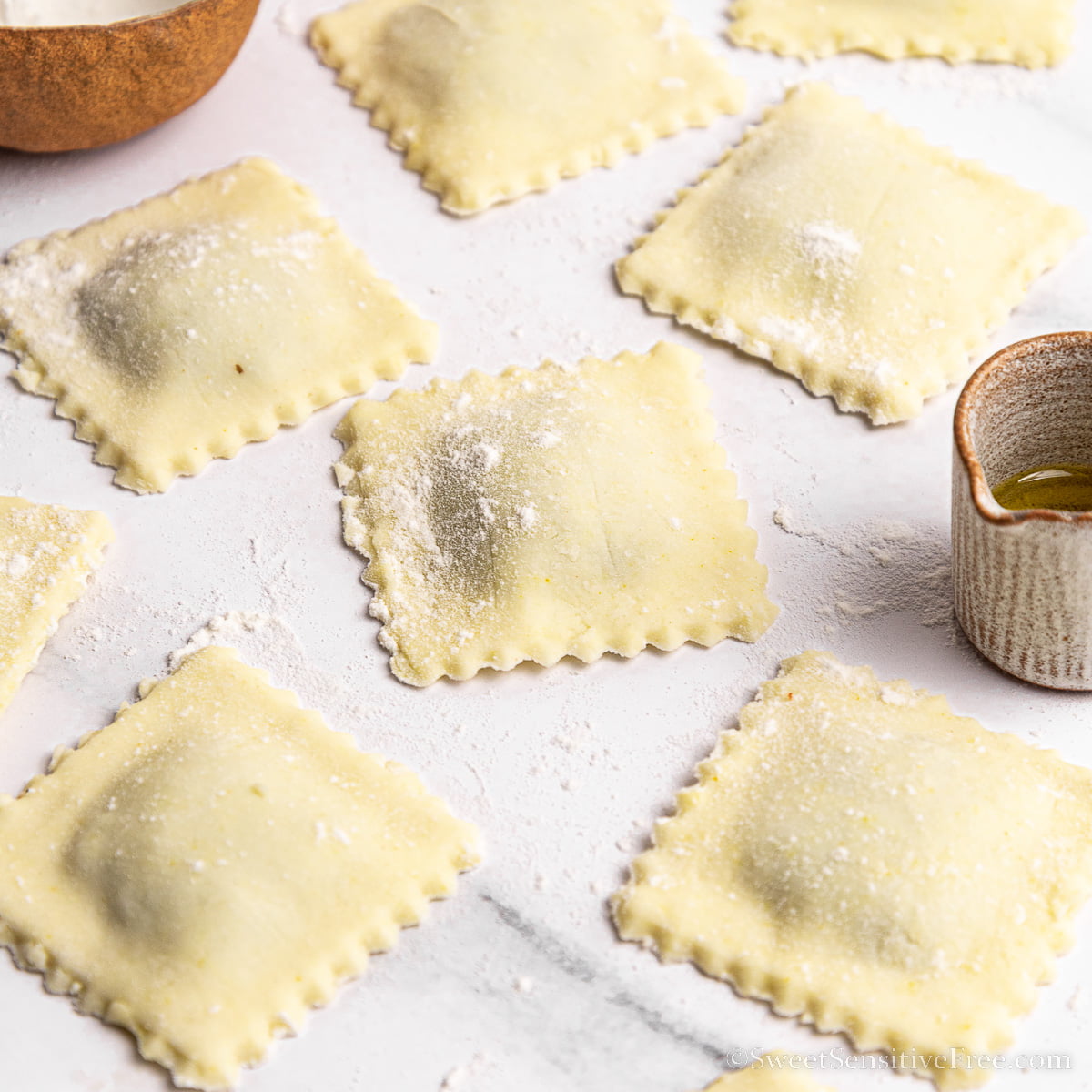 gluten free ravioli dusted with rice flour