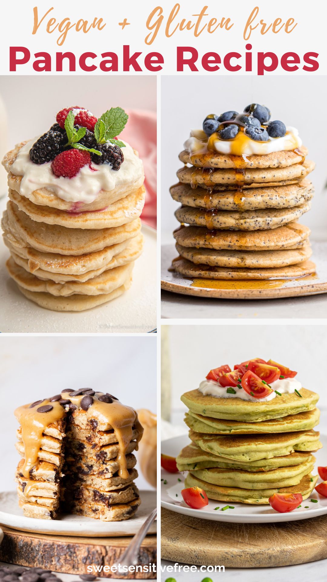 stacks of gluten free sweet and savory pancakes